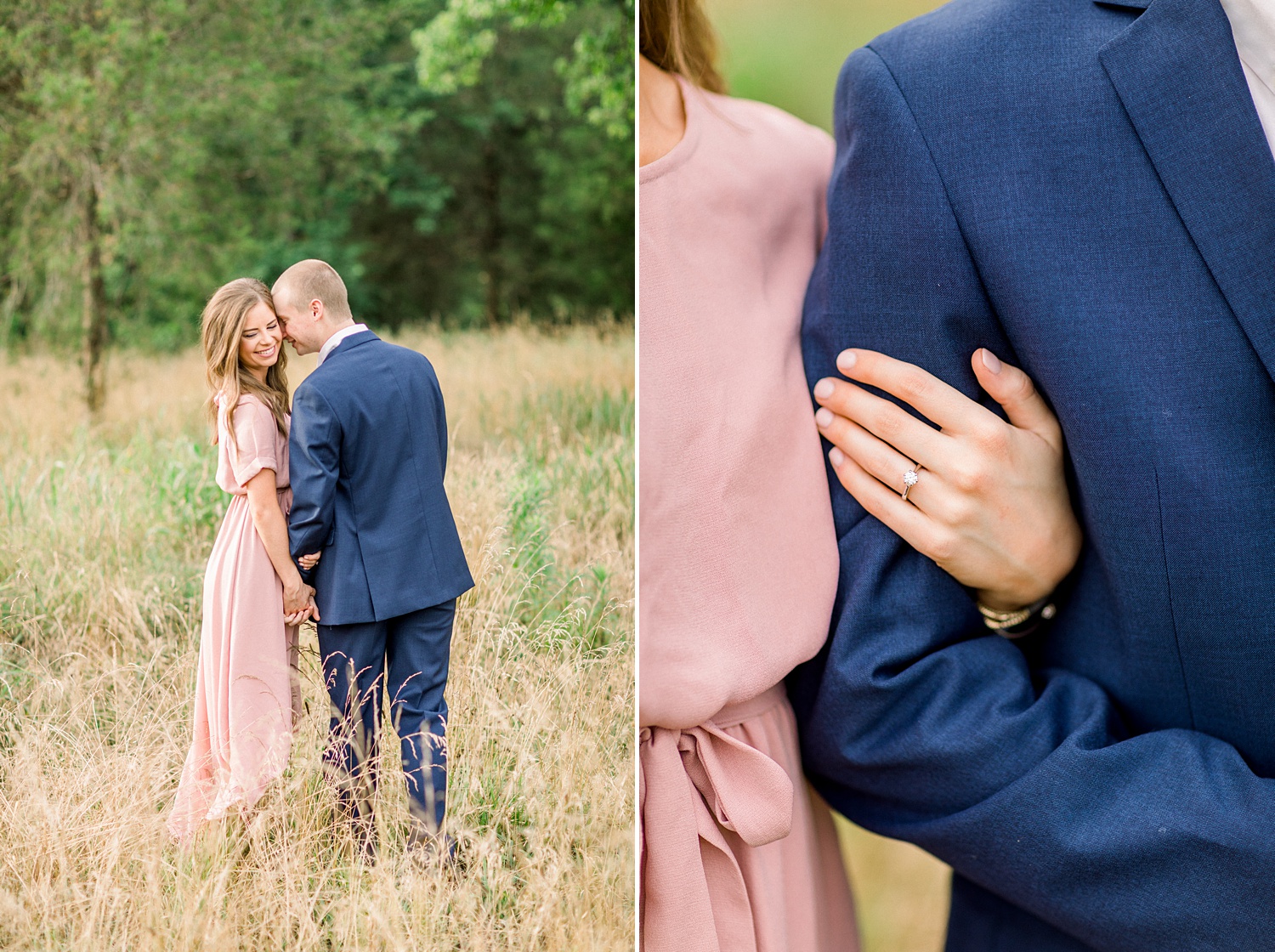 engaged couple poses together in field