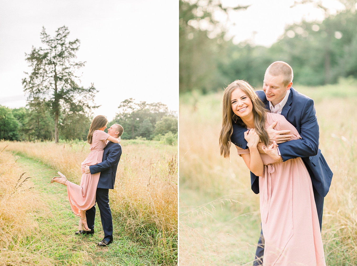 bride and groom hug in field during park engagement photos