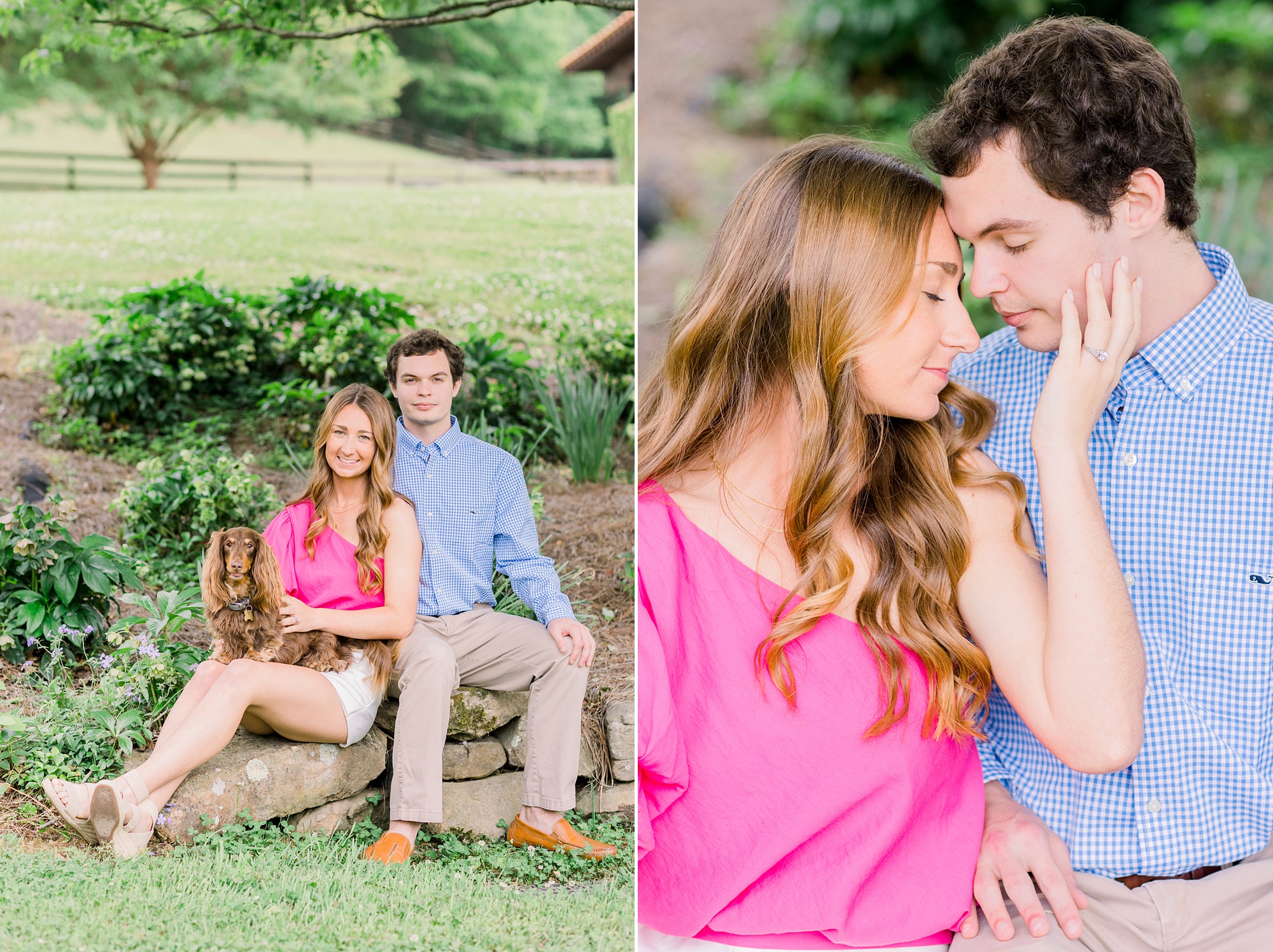 engaged couple sits on rock wall with dog during spring Birmingham AL engagement session