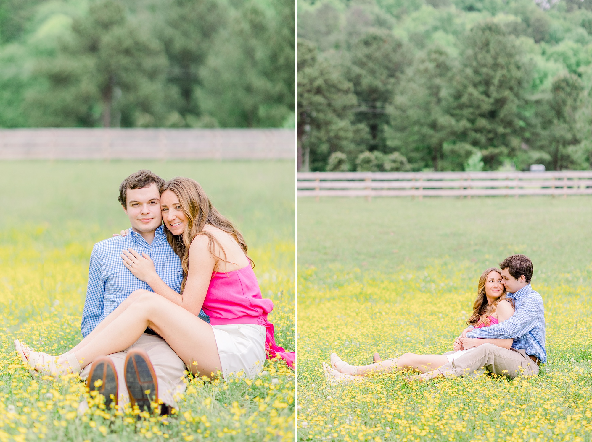 spring Birmingham AL engagement session with couple sitting in field of yellow flowers