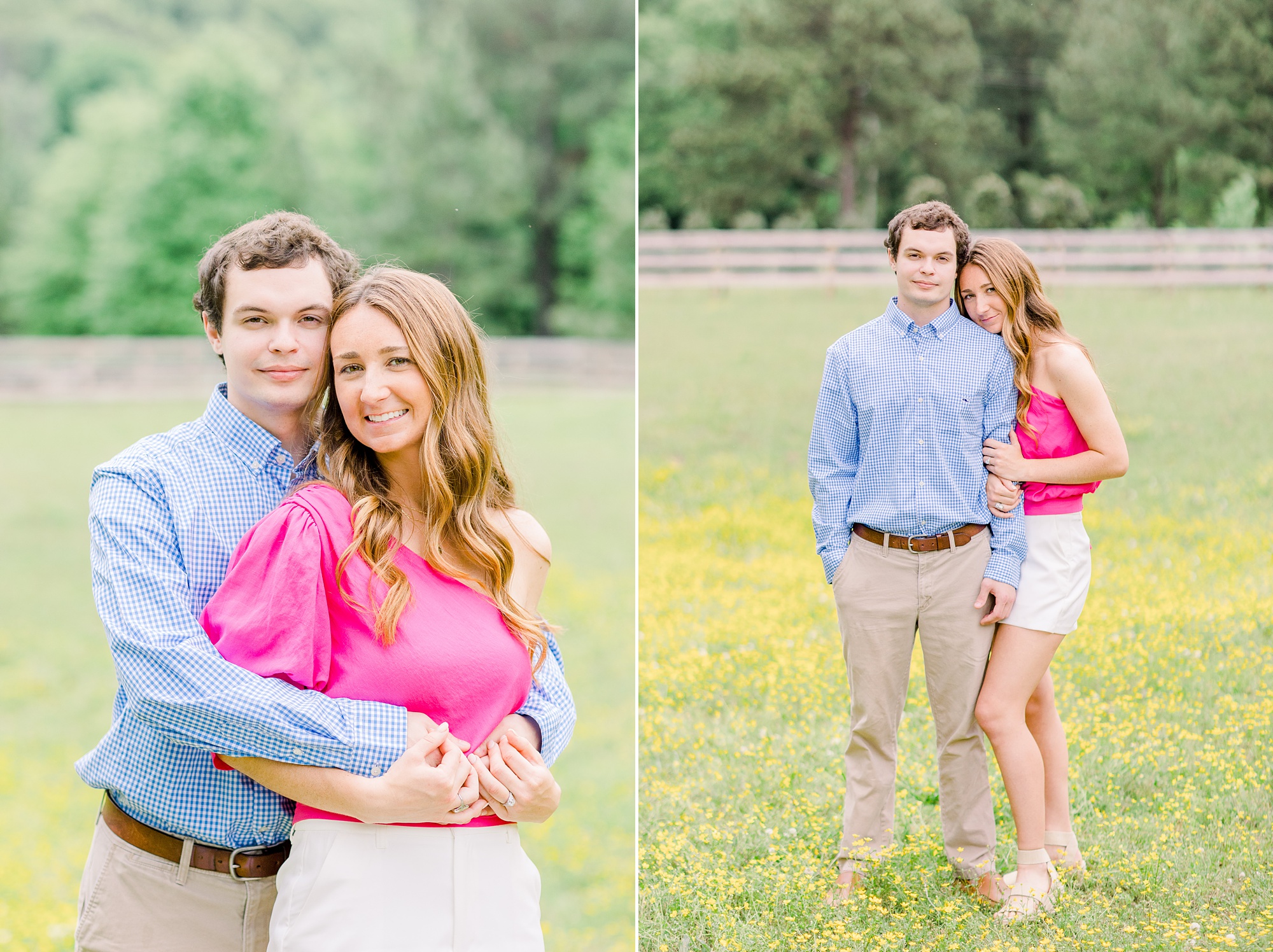 engaged couple stands in field of yellow flowers