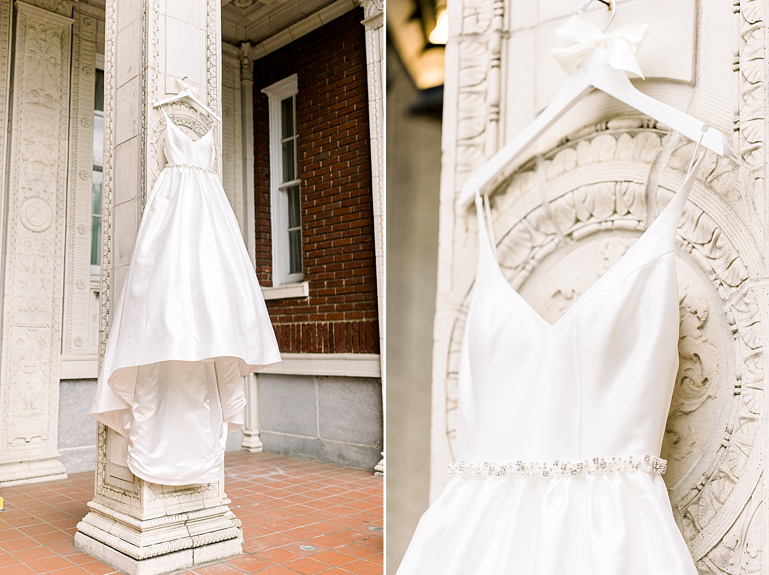wedding dress hangs on column at Tutwiler Hotel
