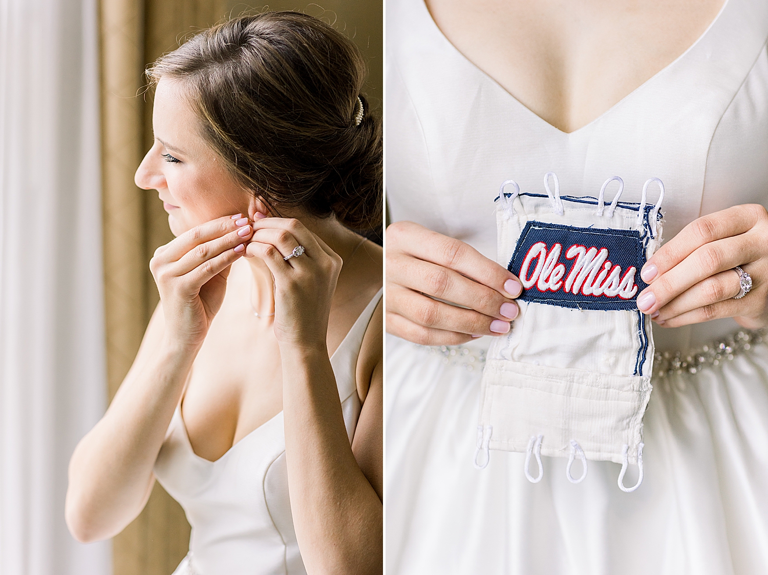 bride holds Ole Miss handkerchief from grandfather on wedding day