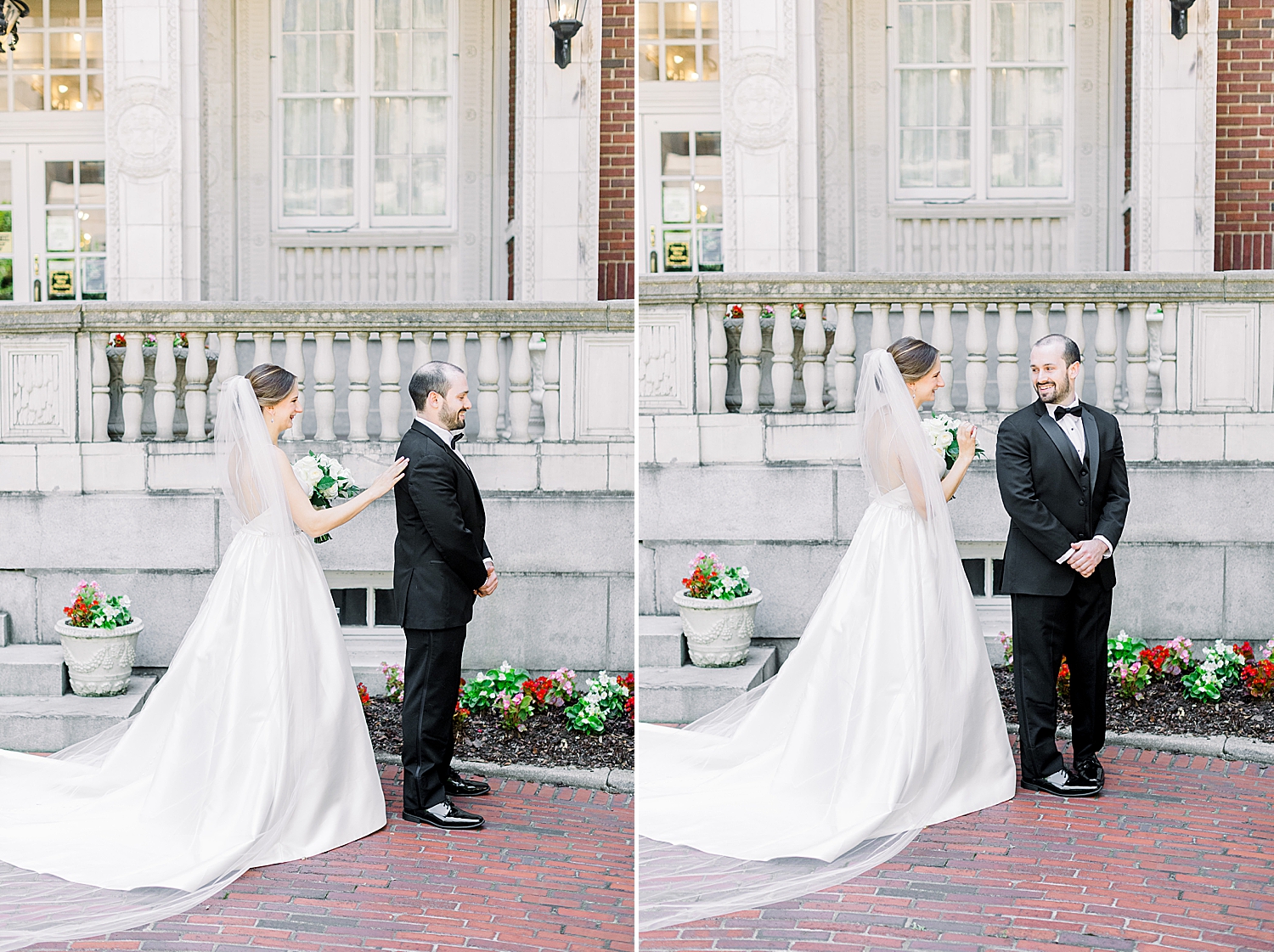 bride and groom have first look outside Alabama hotel