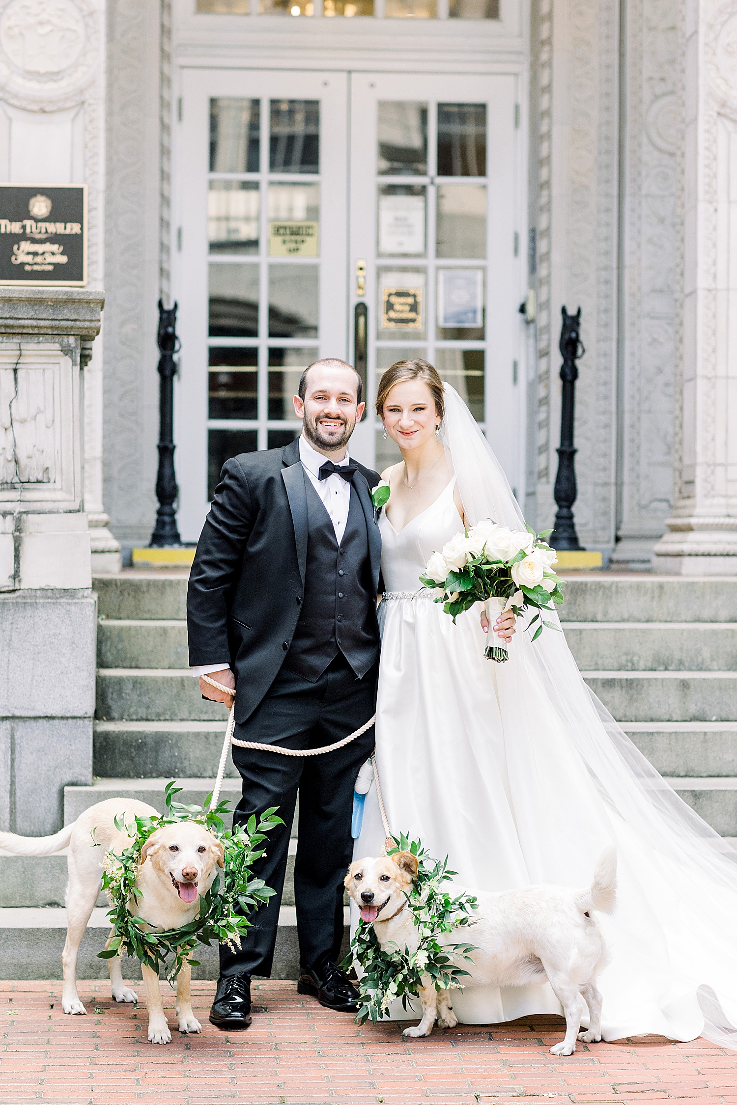 bride and groom pose with dogs in green collars