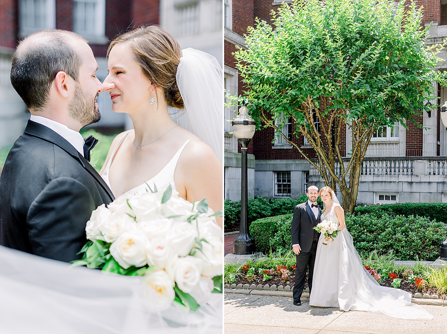 bride and groom pose together outside the Tutwiler Hotel