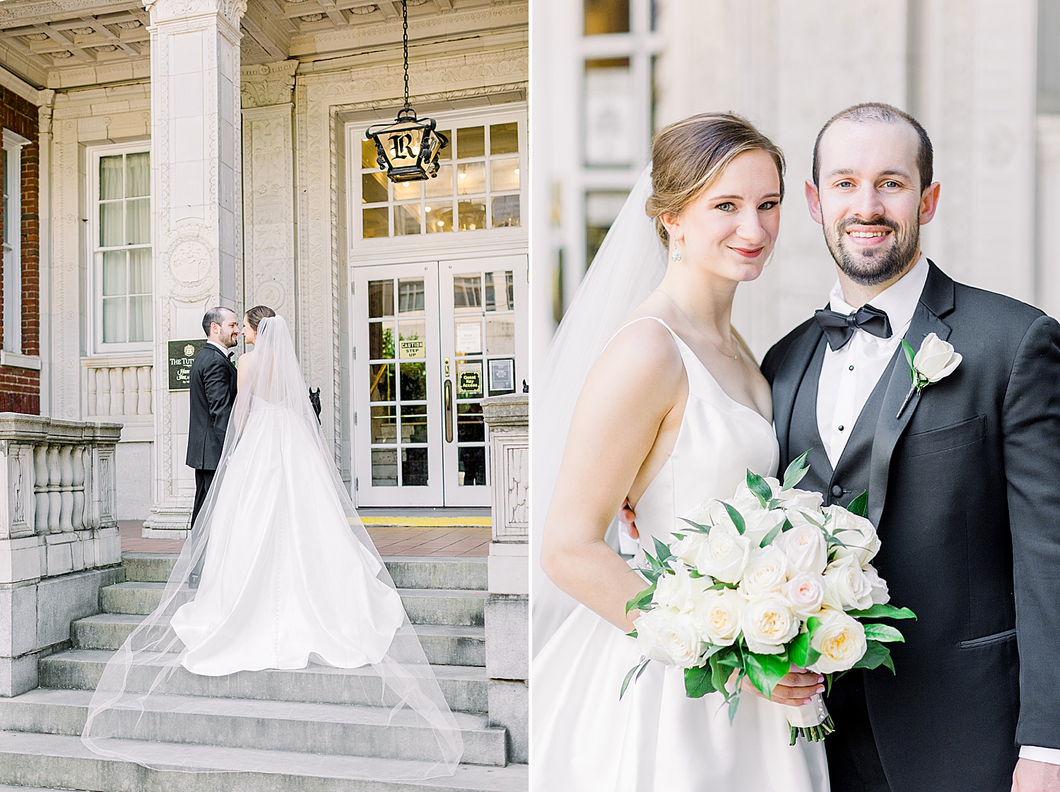 bride and groom pose on steps at Tutwiler Hotel