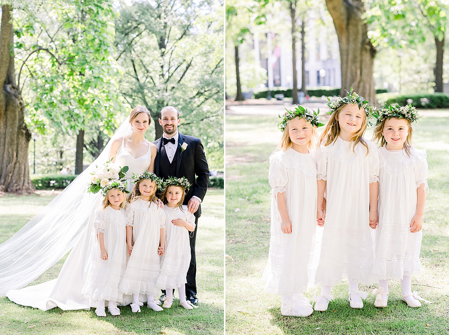 bride and groom pose with flower girls
