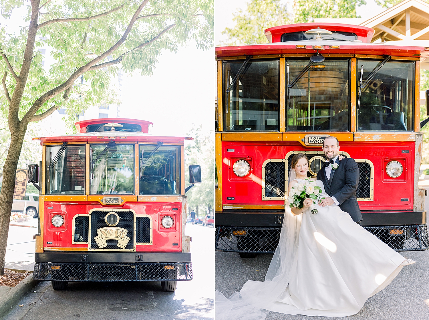 bride and groom pose with red trolley