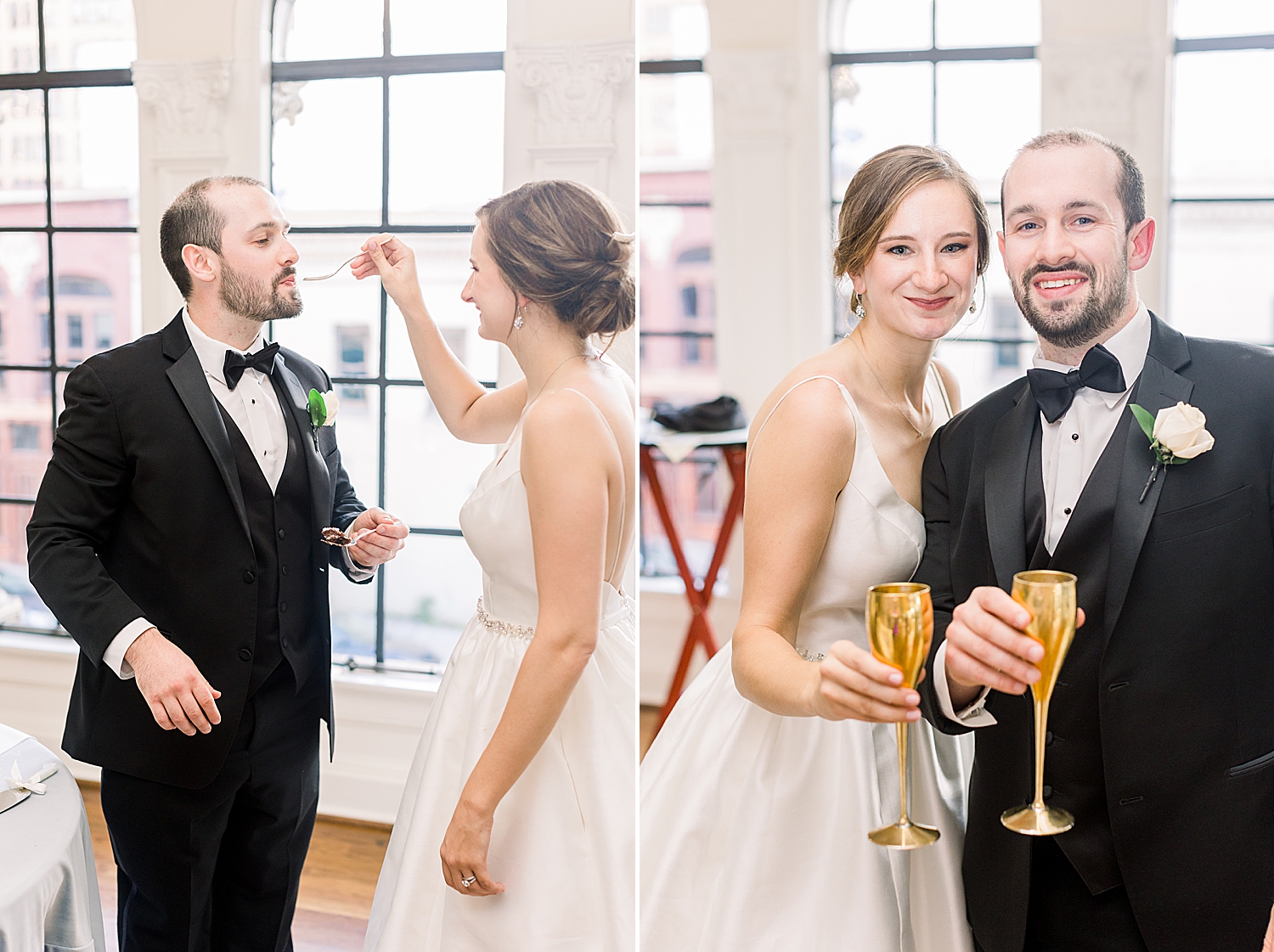 couple eats wedding cake and toasts during The Florentine Building wedding reception