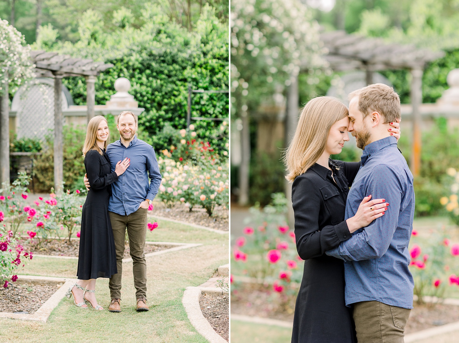 engaged couple poses by trees in garden in Birmingham AL