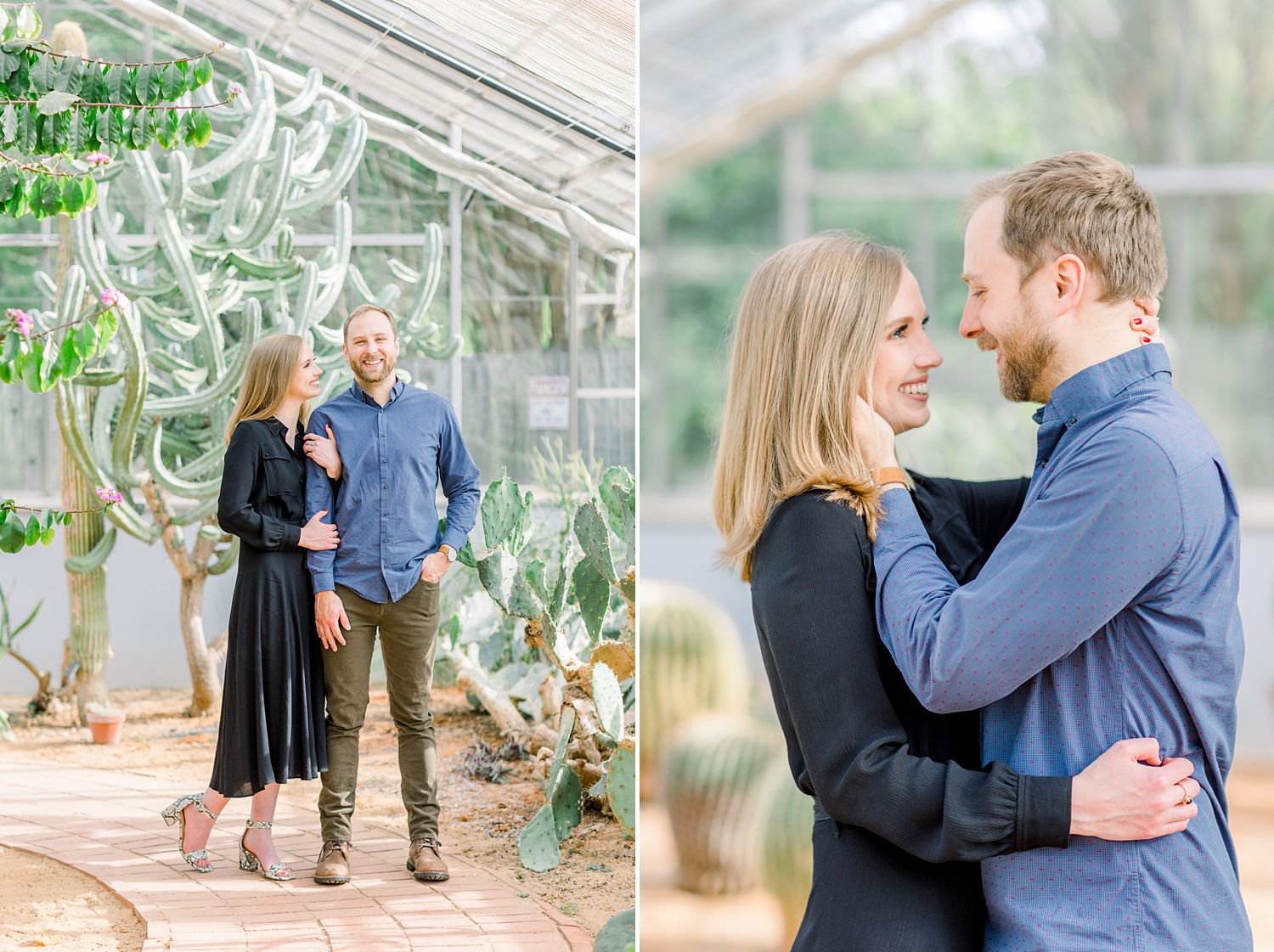 engaged couple stands together in greenhouse at Birmingham Botanical Gardens