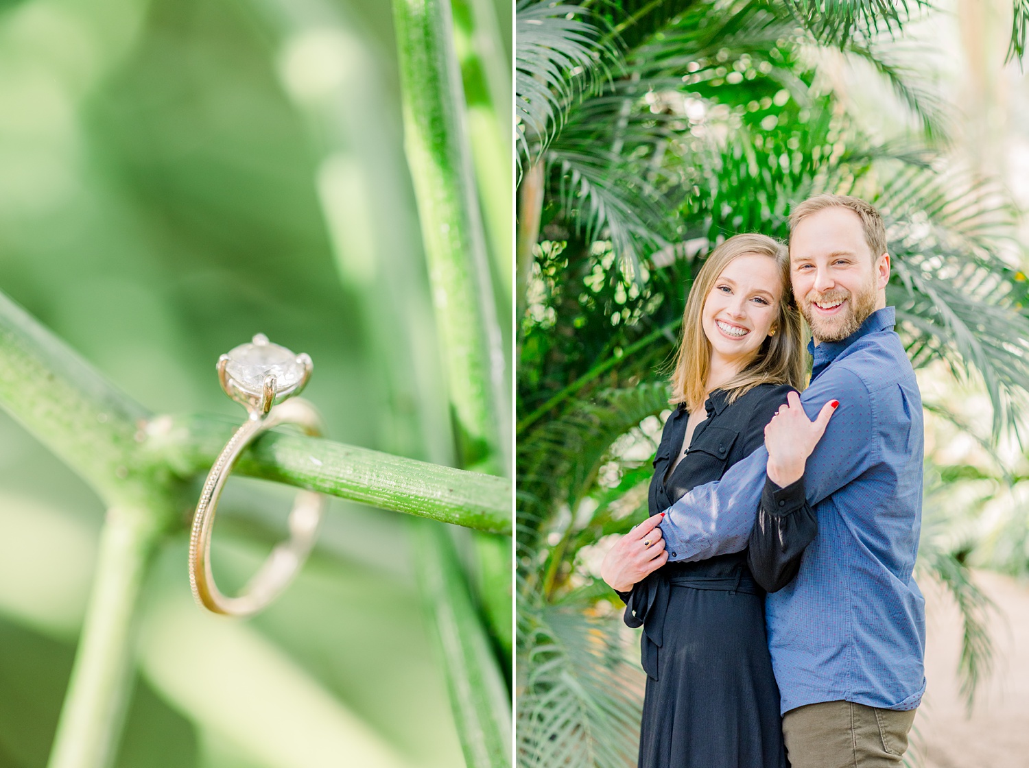 engagement ring rests on palm leave