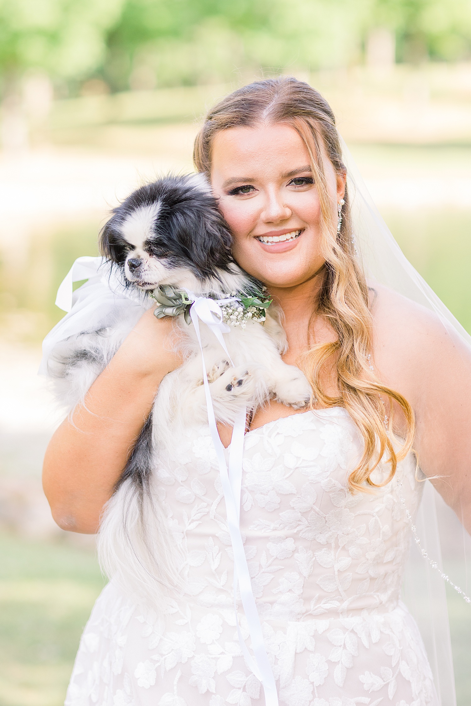 bride and dog hug during bridal portraits