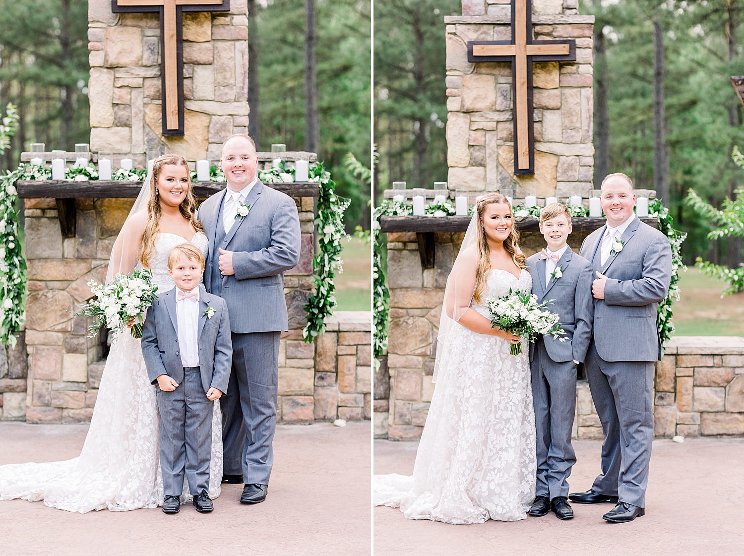 bride and groom pose with ring bearers