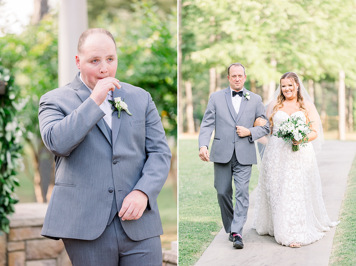 groom cries watching bride walk down aisle at outdoor ceremony at Douglas Manor