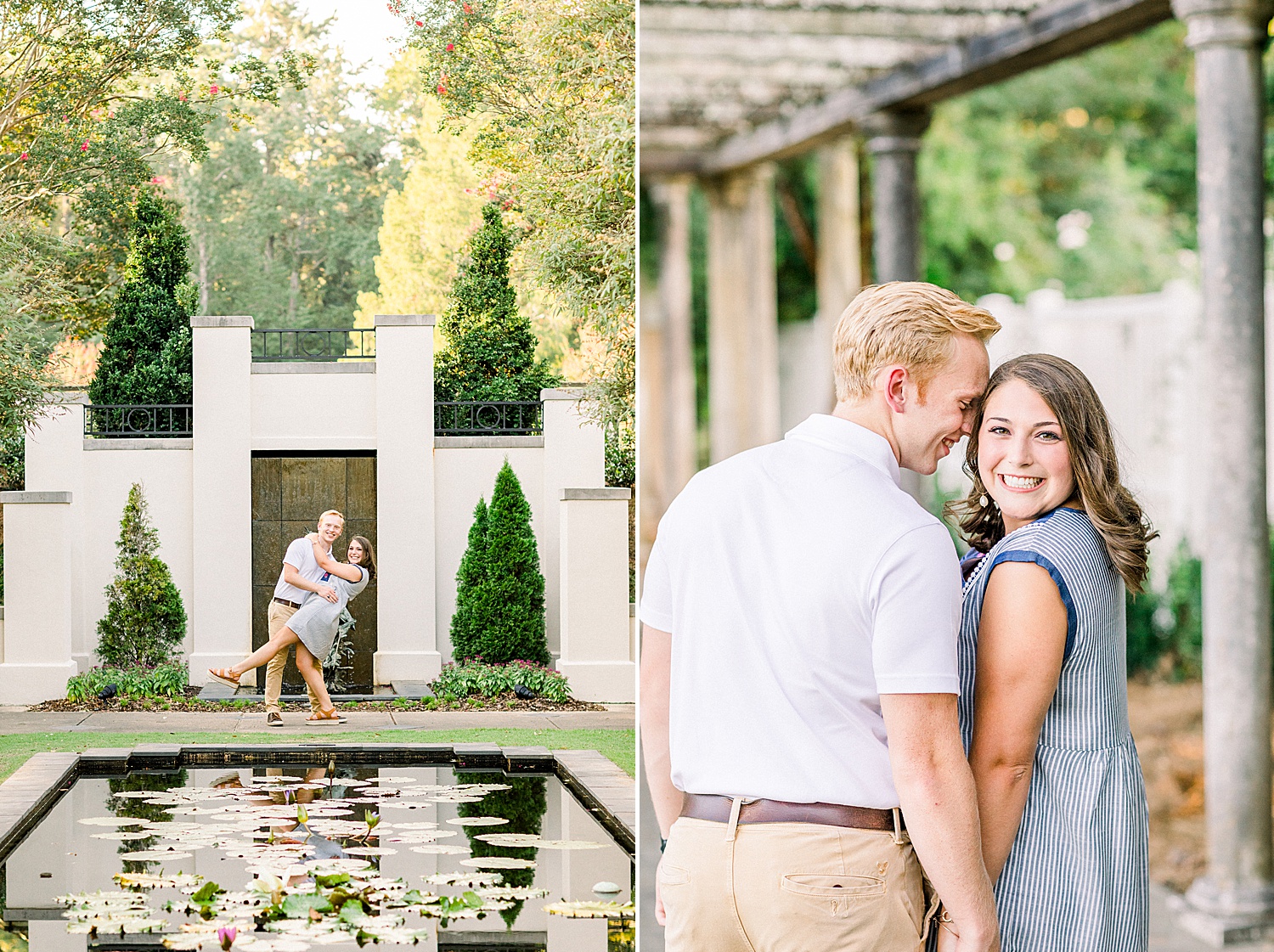 bride and groom walk through gardens during Downtown Birmingham engagement session