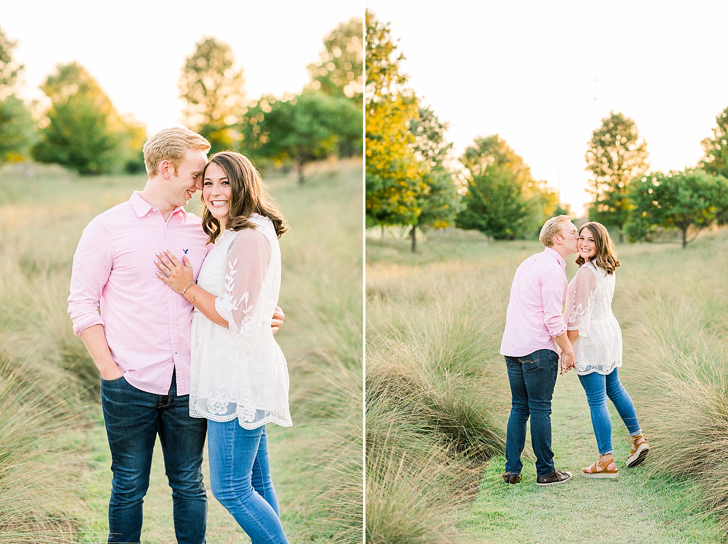 Railroad Park engagement portraits in field for couple