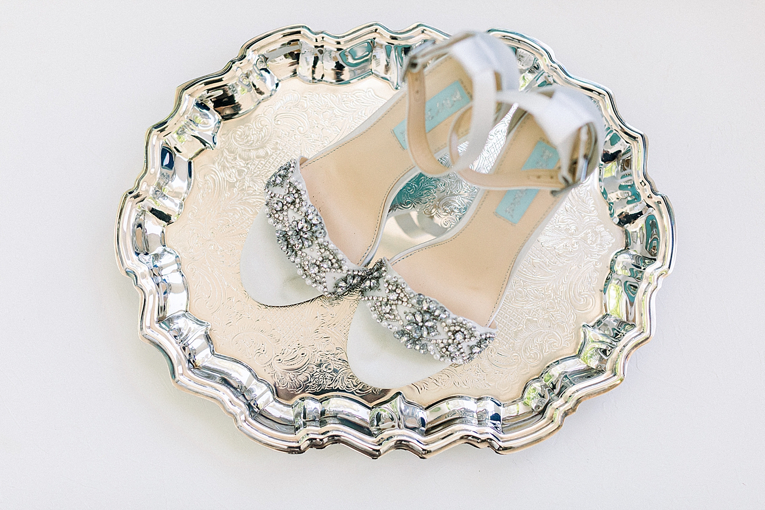 bride's shoes on silver tray for Alabama wedding