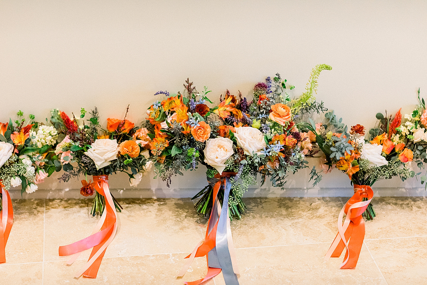 orange and blue wedding florals for Preserve Town Hall wedding