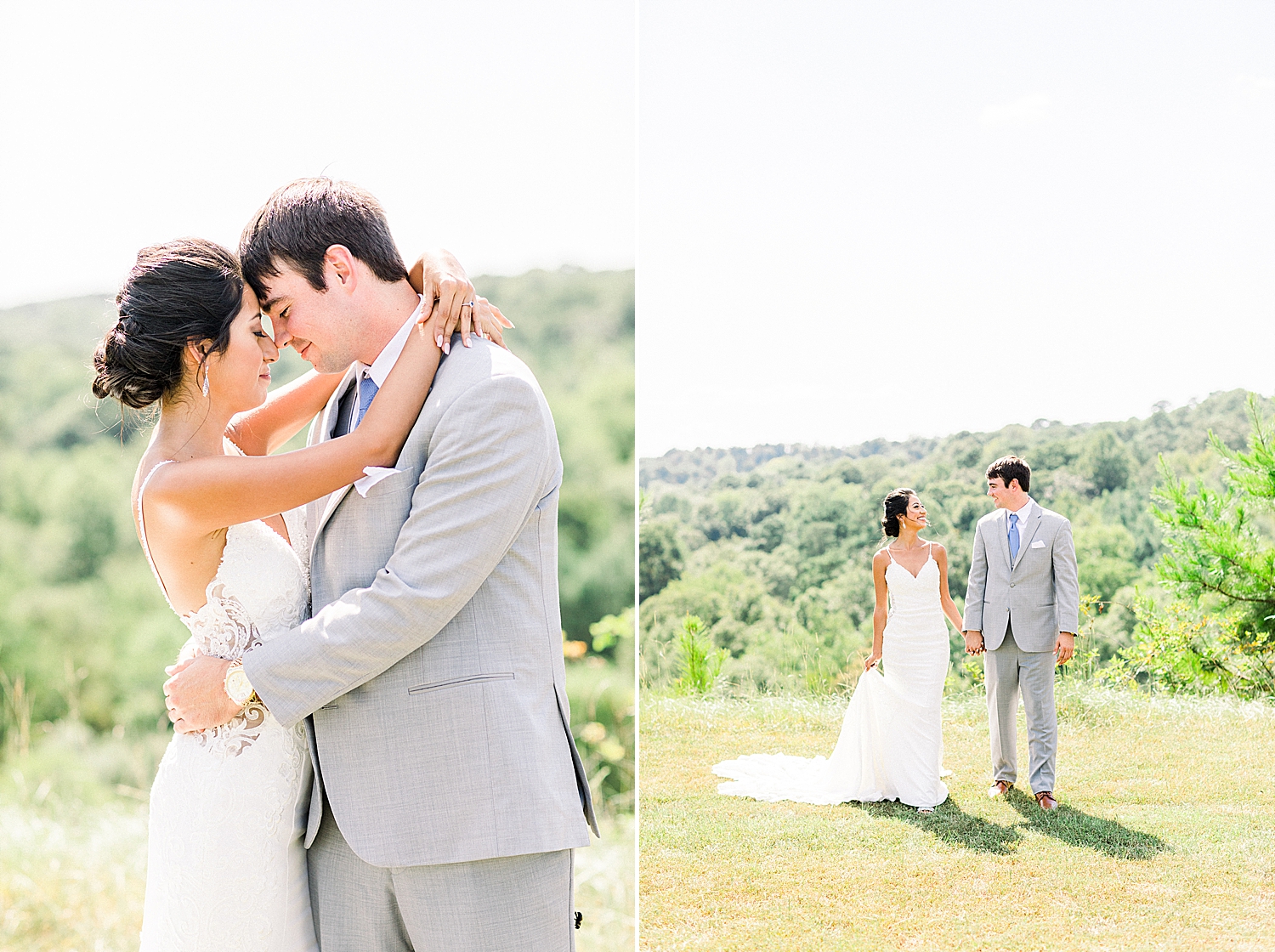 Alabama couple hugs on hill during wedding photos