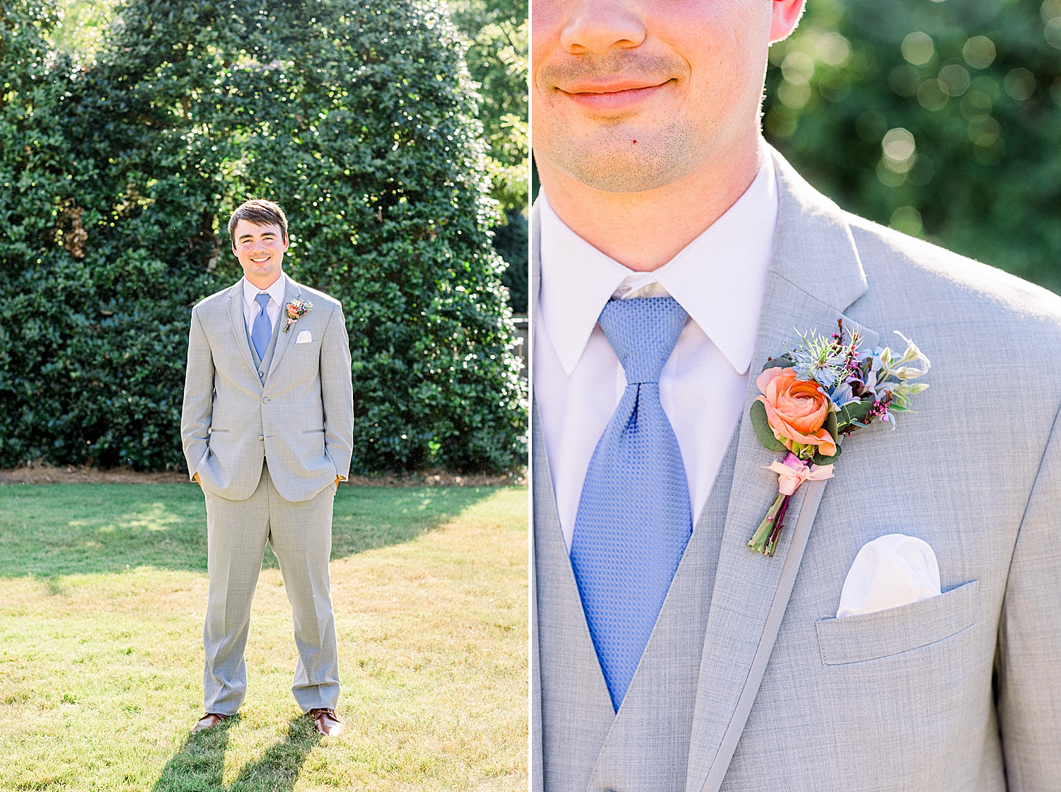 groom in grey suit with orange boutonnière