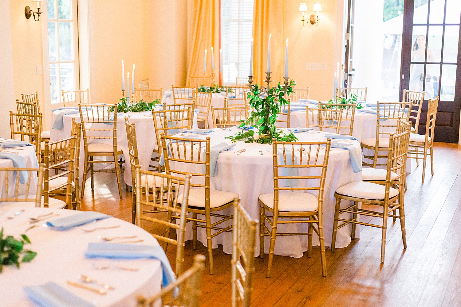 Preserve Town Hall wedding reception with gold chivari chairs
