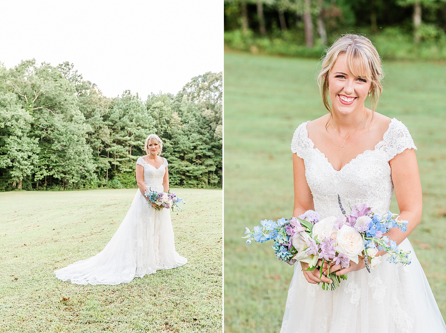 bridal portraits of bride holding bouquet of blue and purple flowers