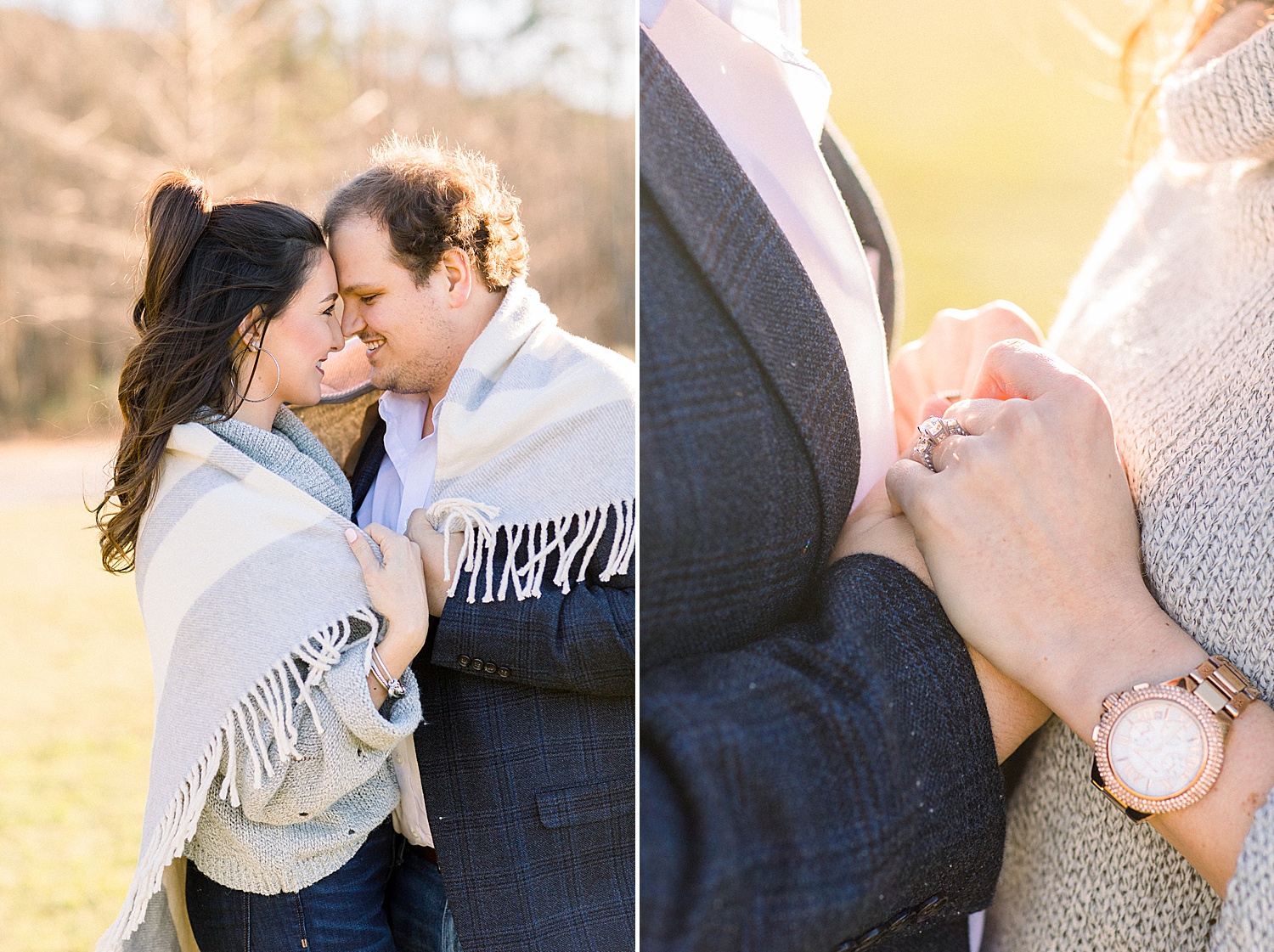 Engaged couple wrapped up in a blanket during Winter engagement session