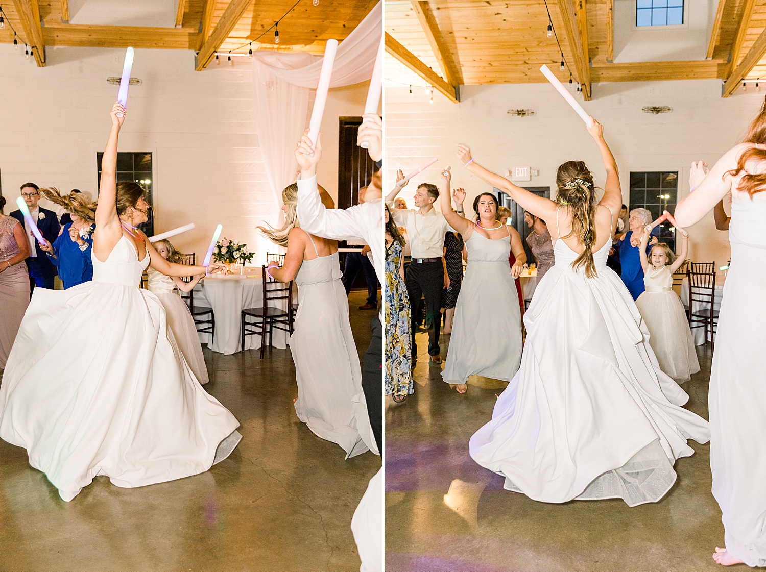 Everyone dances the night away waving glow sticks at Wedding reception
