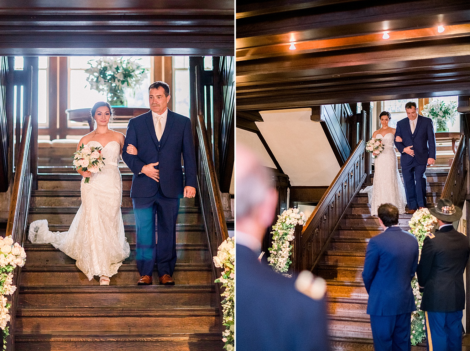father of the bride walks daughter down stairs