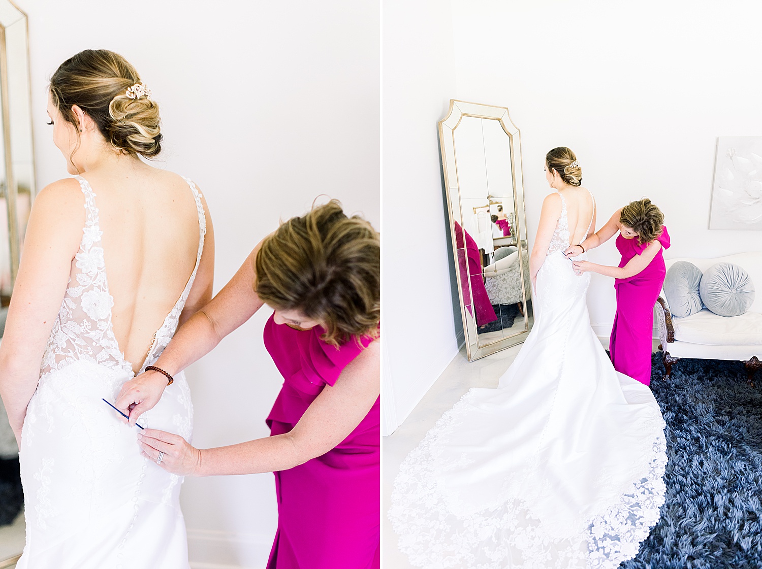 Mother of the Bride helping daughter with wedding dress