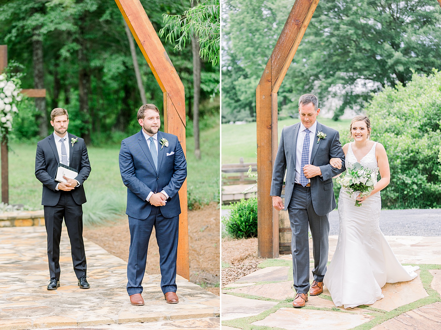 Father-of-the-bride and daughter walk into ceremony towards future husband