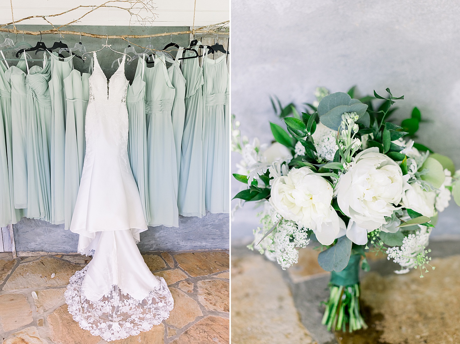 Sage Bridesmaid Dresses and White Flower Bouquets
