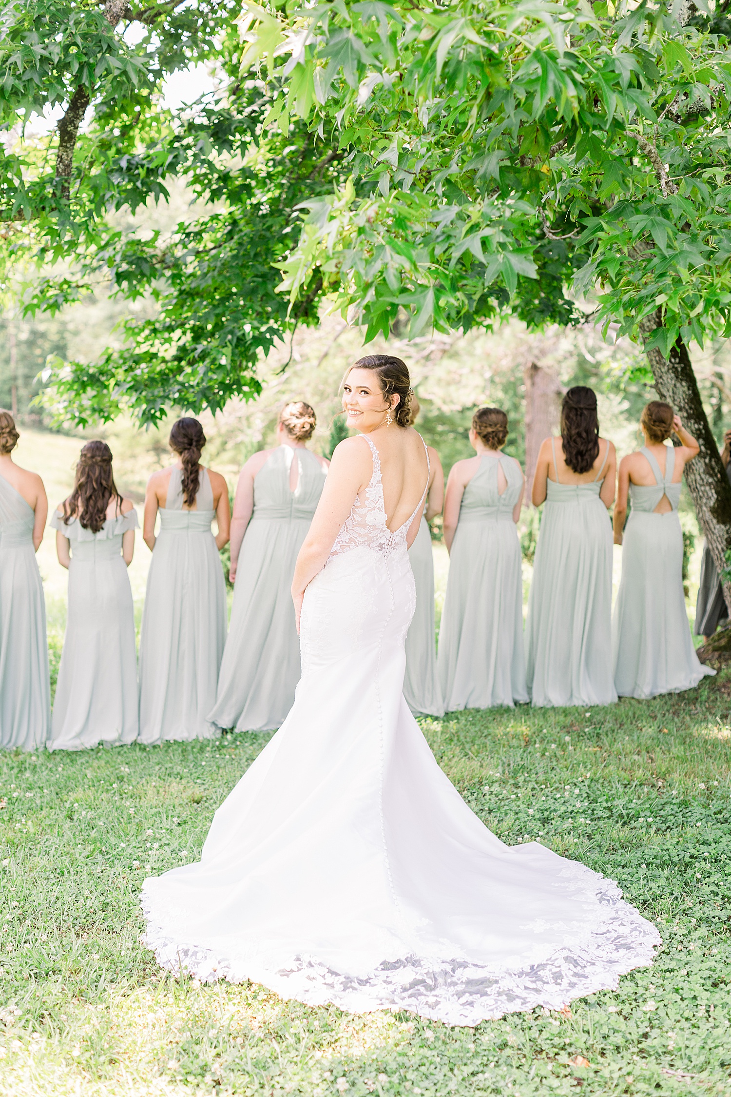 First Look with Bridesmaids during Belle Farm Summer Wedding