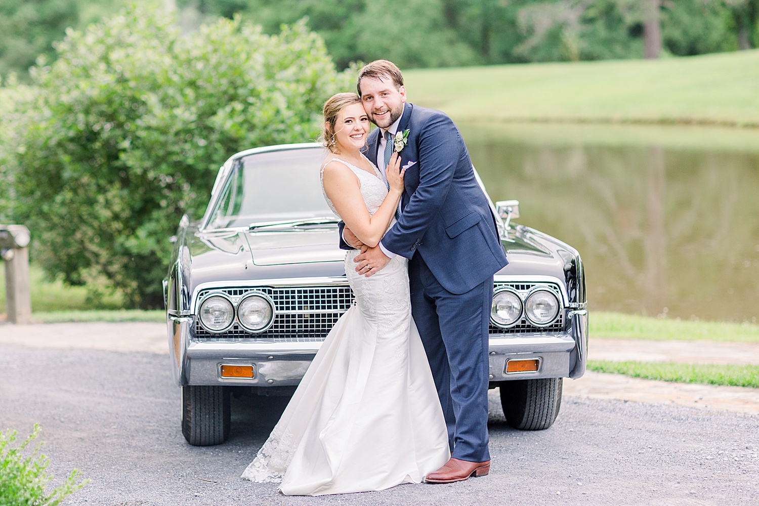 husband + wife stand in front of classic car from Coats Cars at Belle Farms by Chelsea Morton Photography
