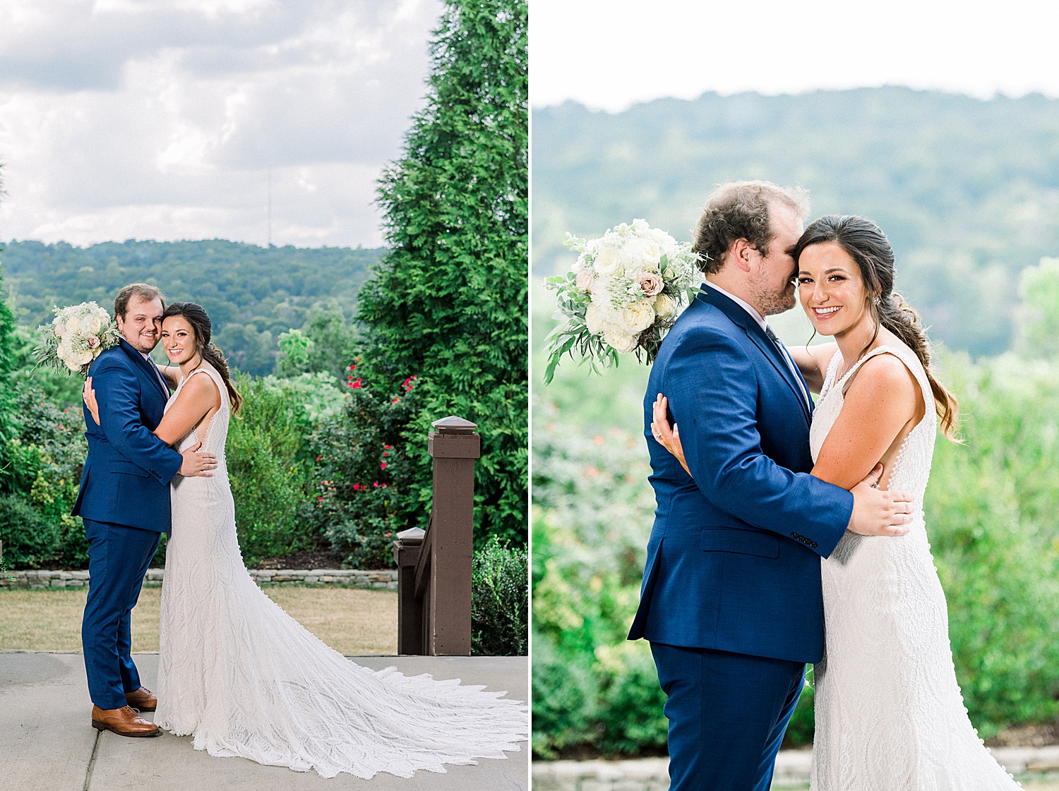 couple takes photos with stunning views behind them at Park Crest Events Wedding