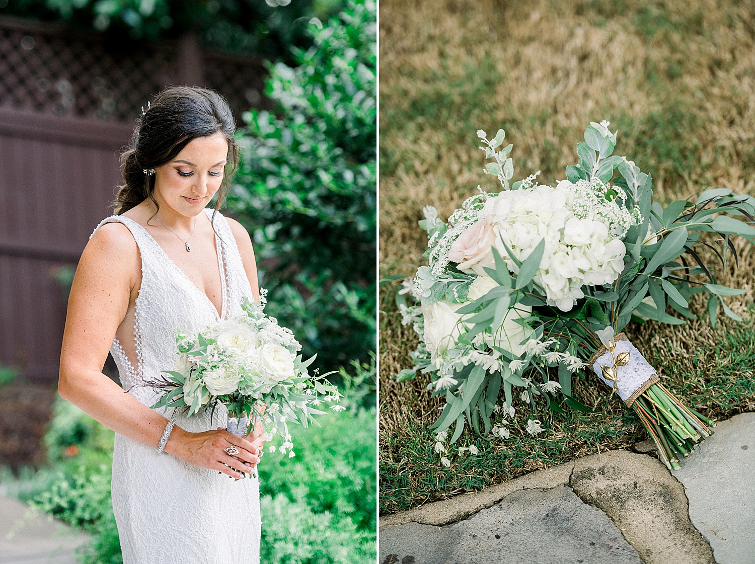 bride holding white flower bouquet