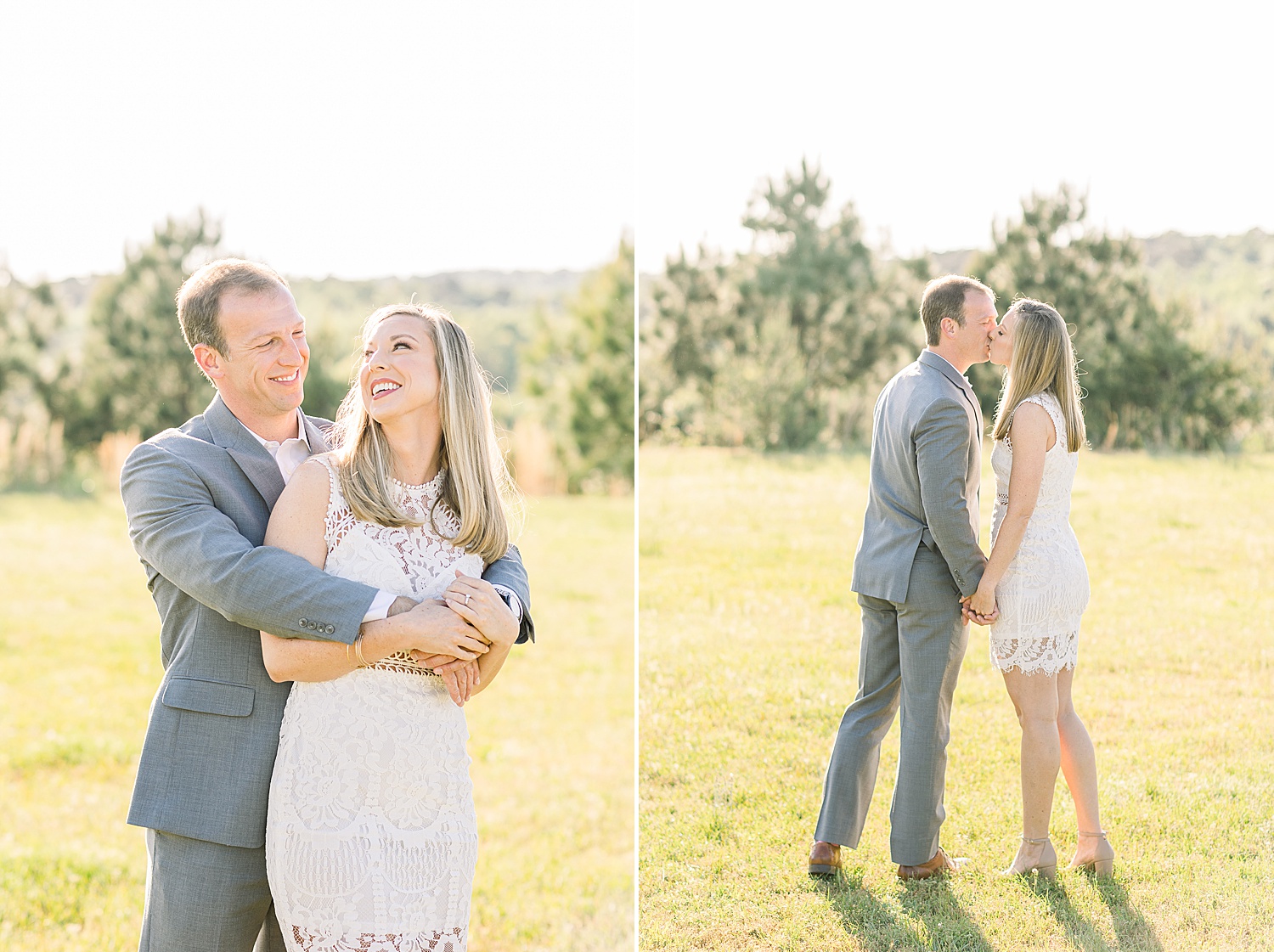 couple kiss in open field of Birmingham during engagement session