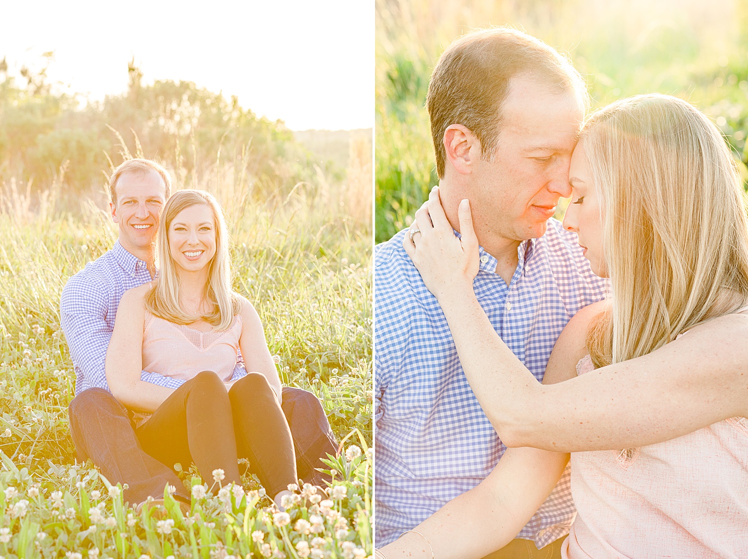 engaged couple in tall grass during Birmingham Summer Engagement Session