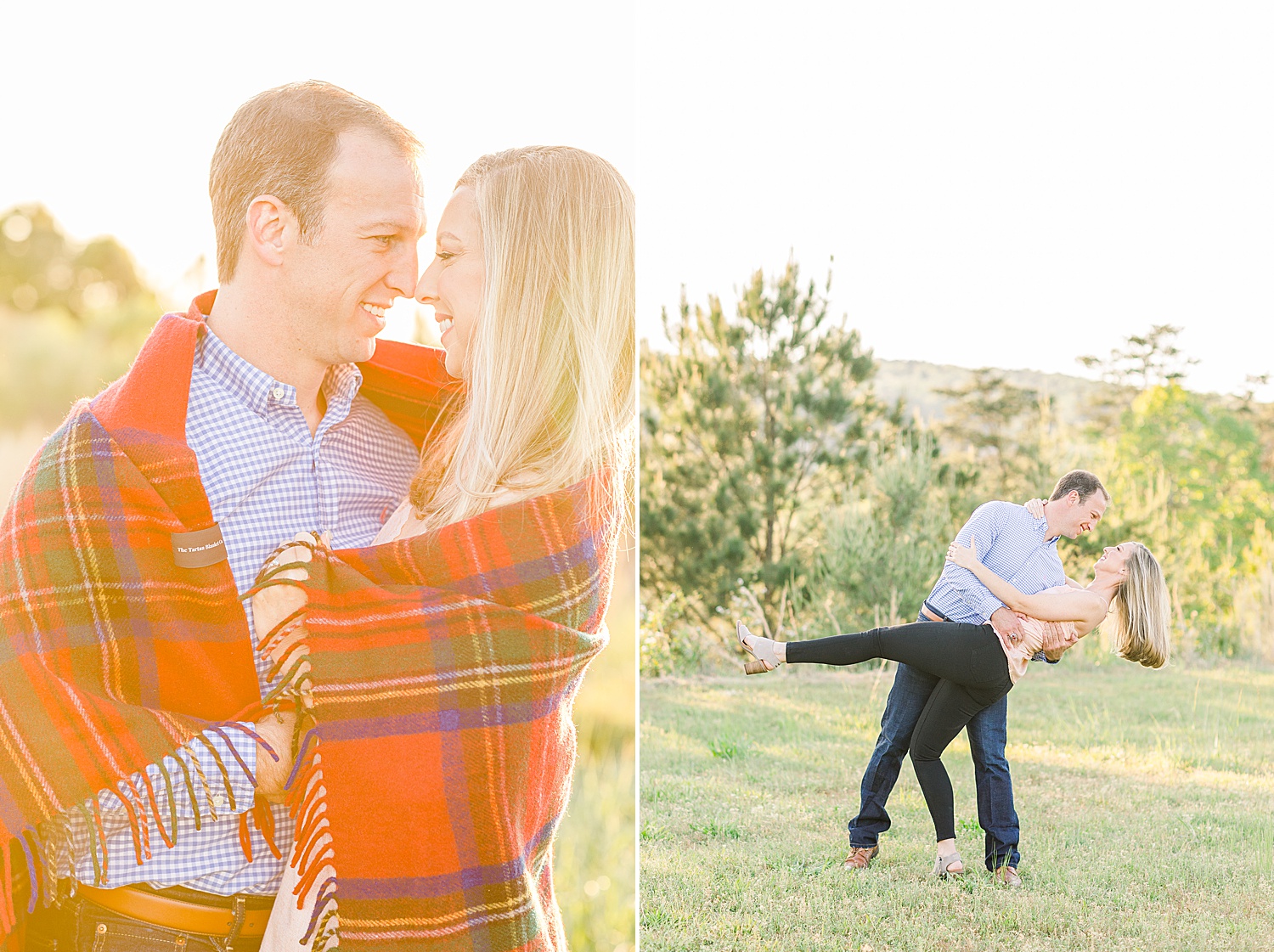 couple wrapped in red plaid blanket