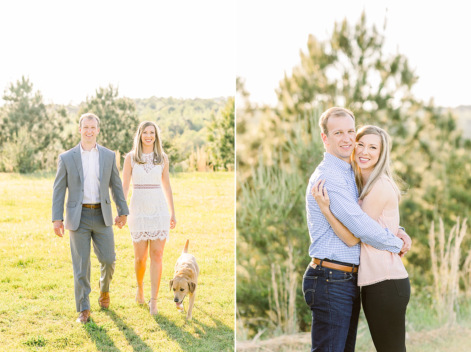 couple hug and walk with dog during Birmingham Summer Engagement Session