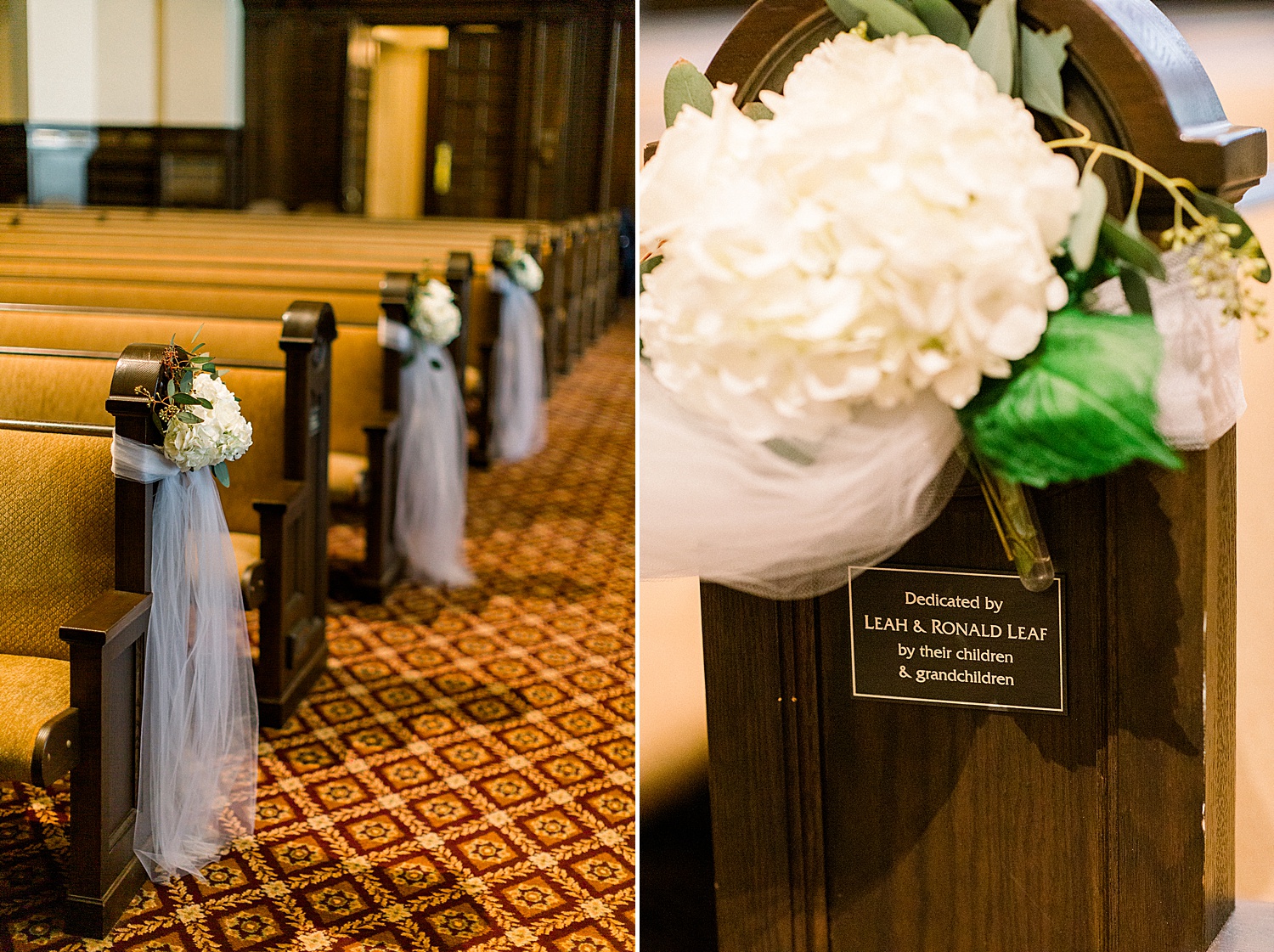 decorated wedding pews of Temple Emanuel