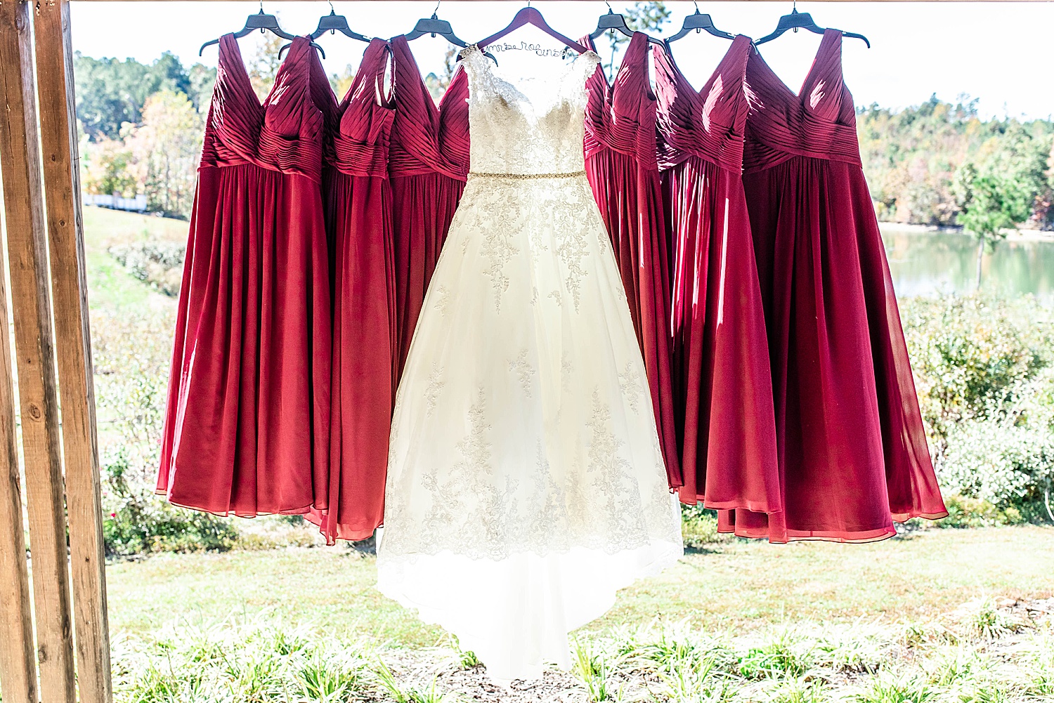 wedding dress + Bridesmaids red dresses