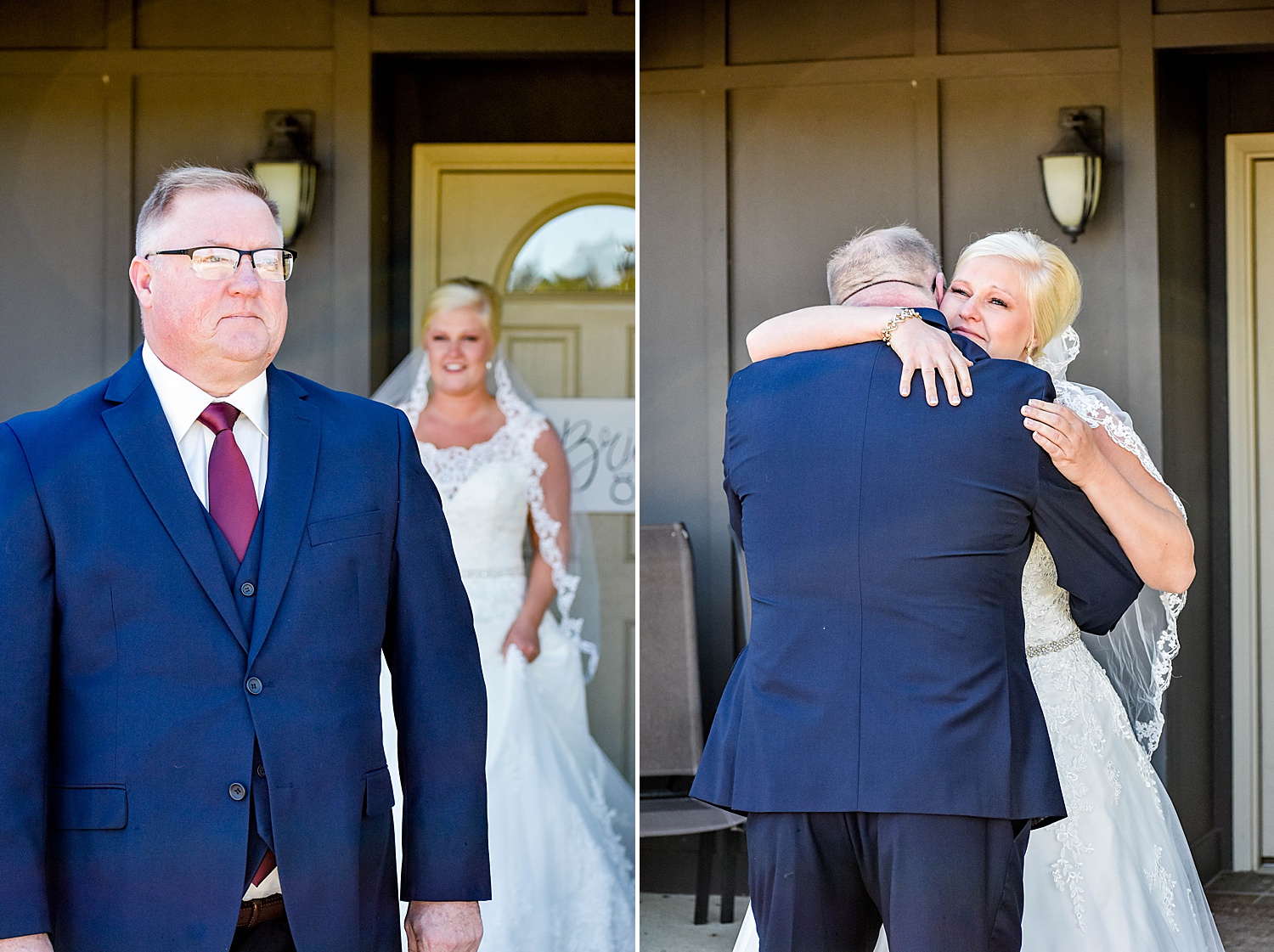 bride hugs dad during first look