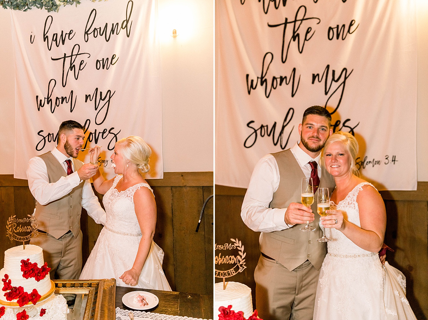 couple enjoy their wedding wedding cake and a toast