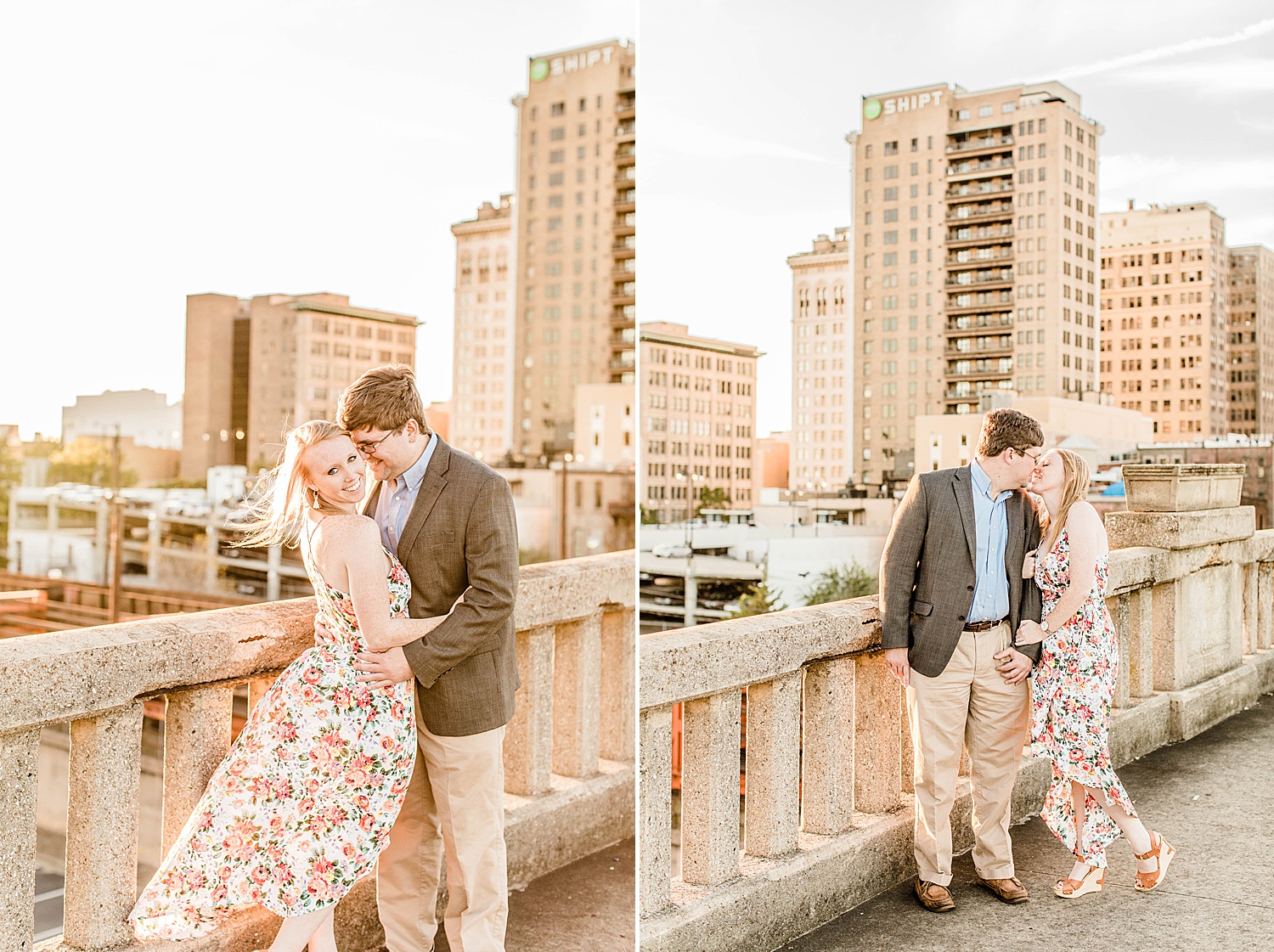 couple kiss with Birmingham AL skyline in background