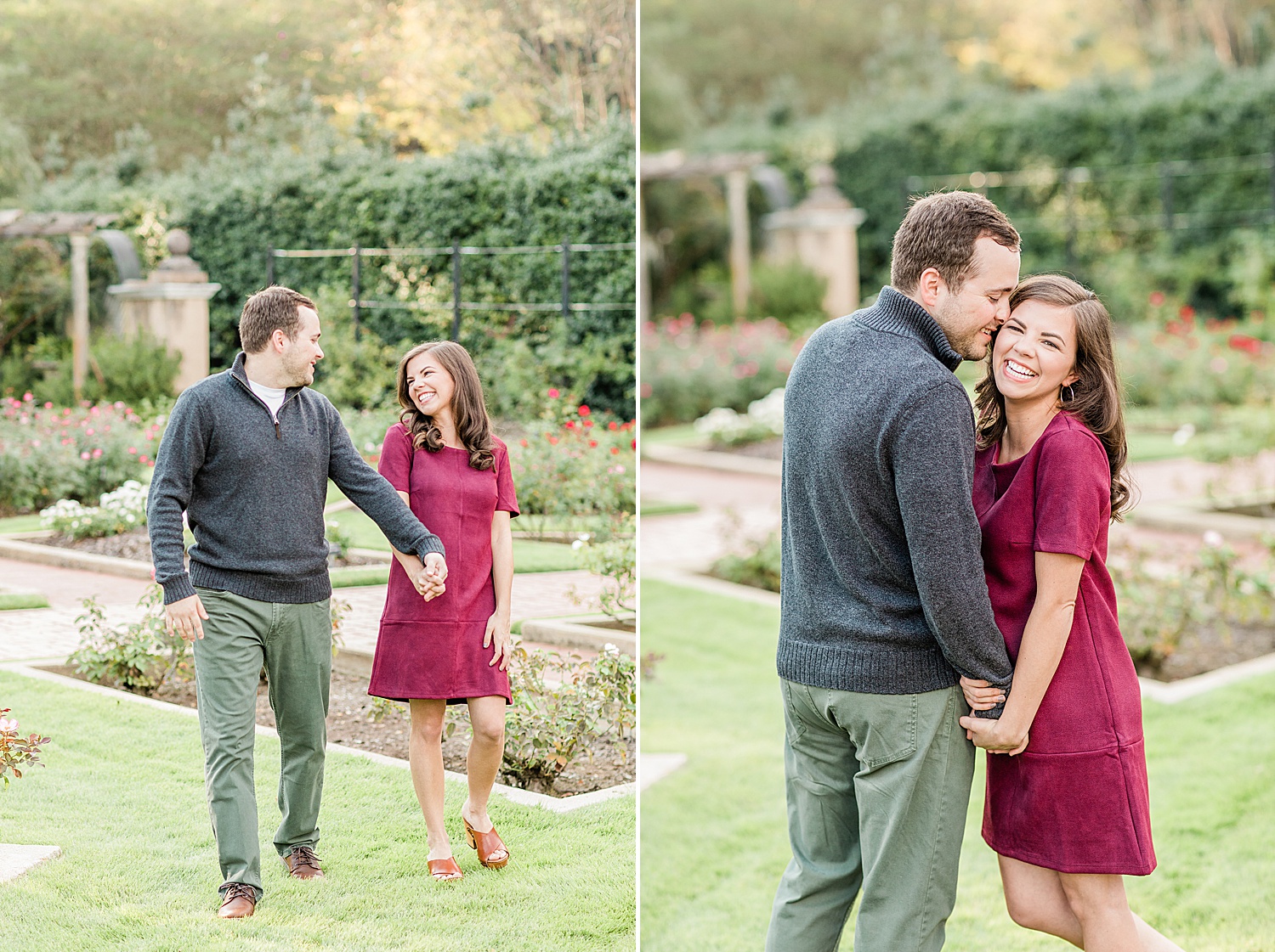 couple holds at walking through gardens
