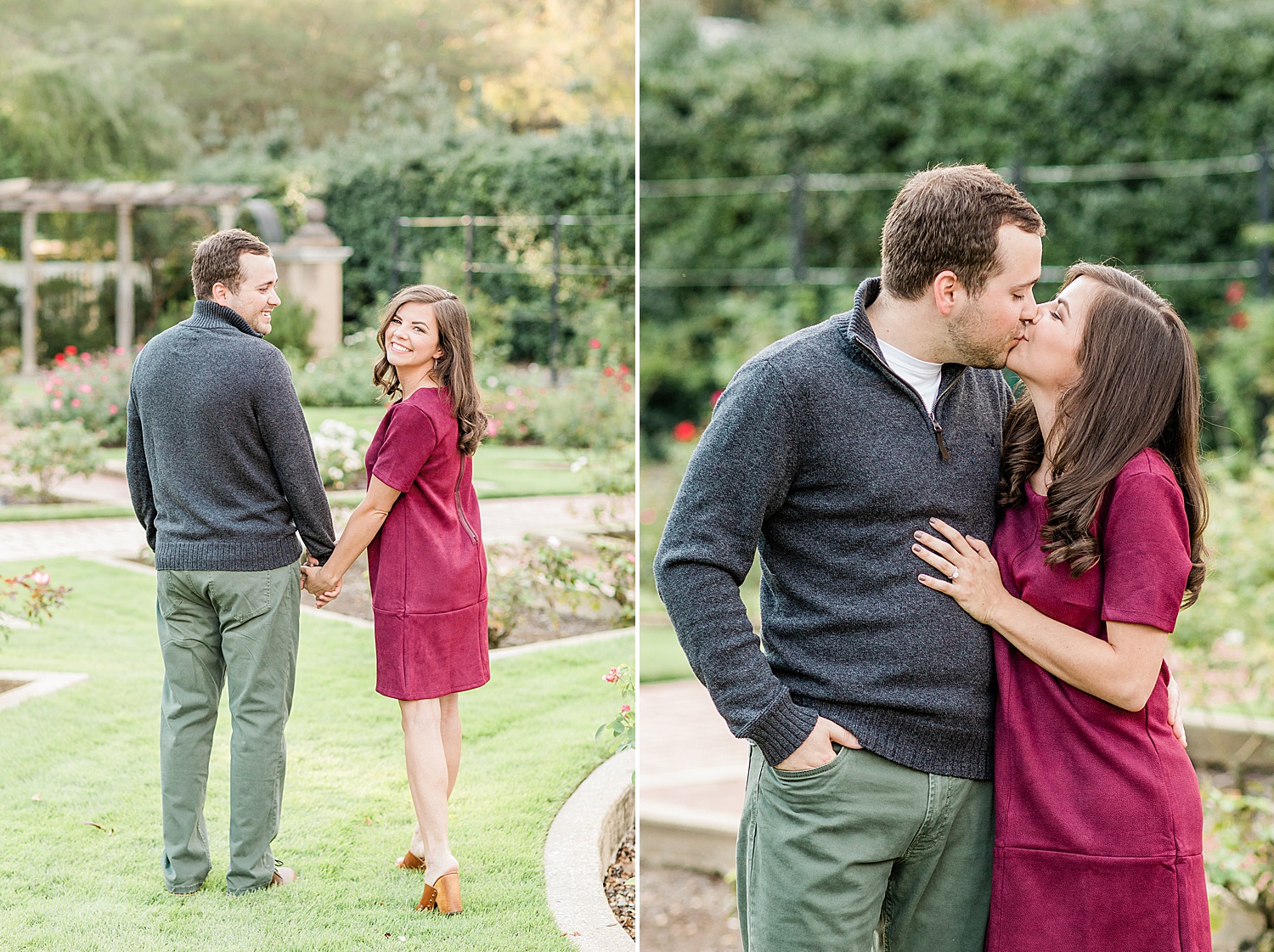 couple in fall outfits walk through botanical gardens in AL