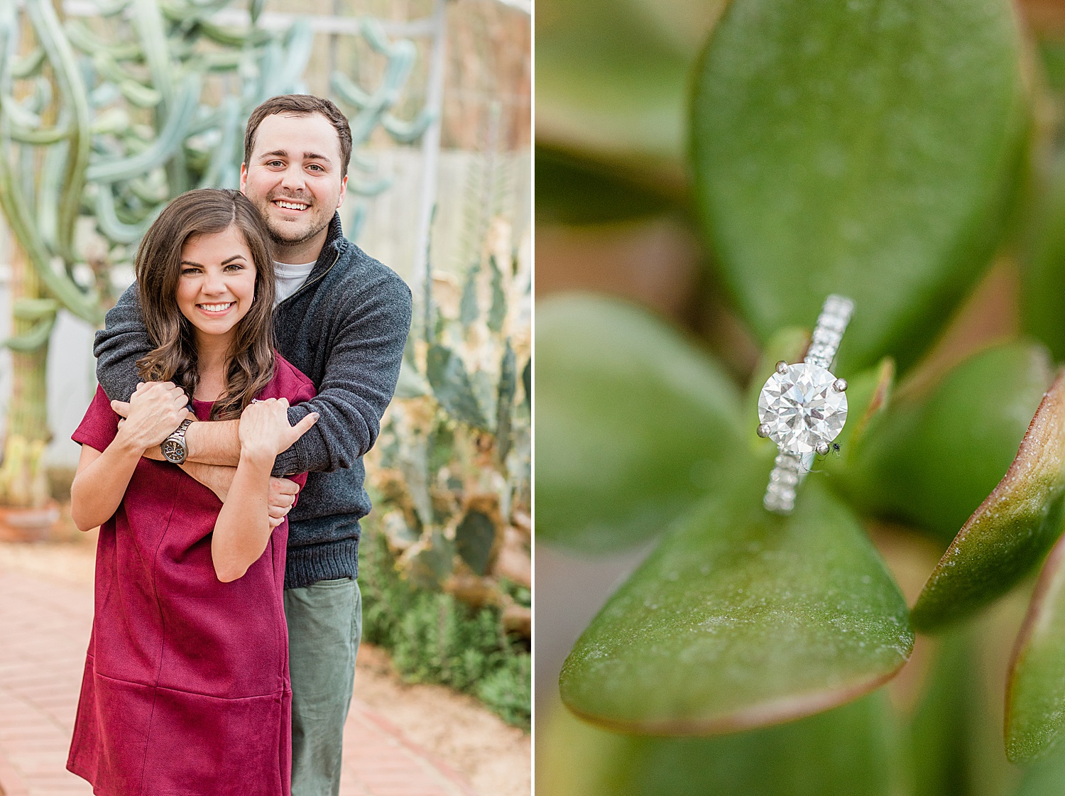 couple during engagement portraits and engagement ring